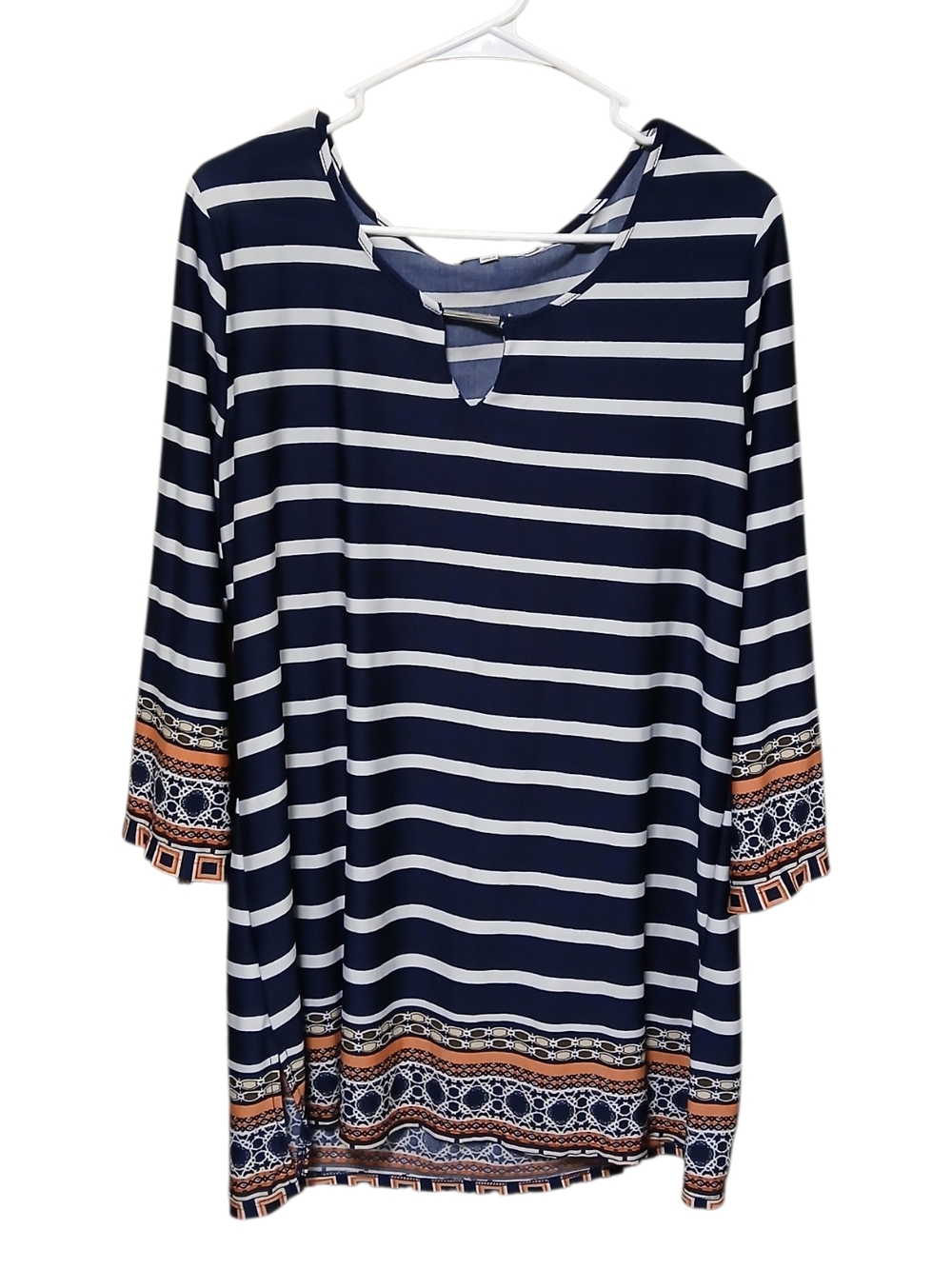 Notations Navy and White Striped Tunic with Coral Accent Border